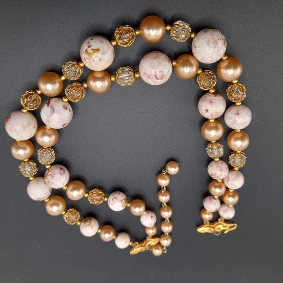 Vintage Deauville Art Bead Necklace, Faux Pearl Beads, Pink White Gold, 1960s - Picture 10 of 11